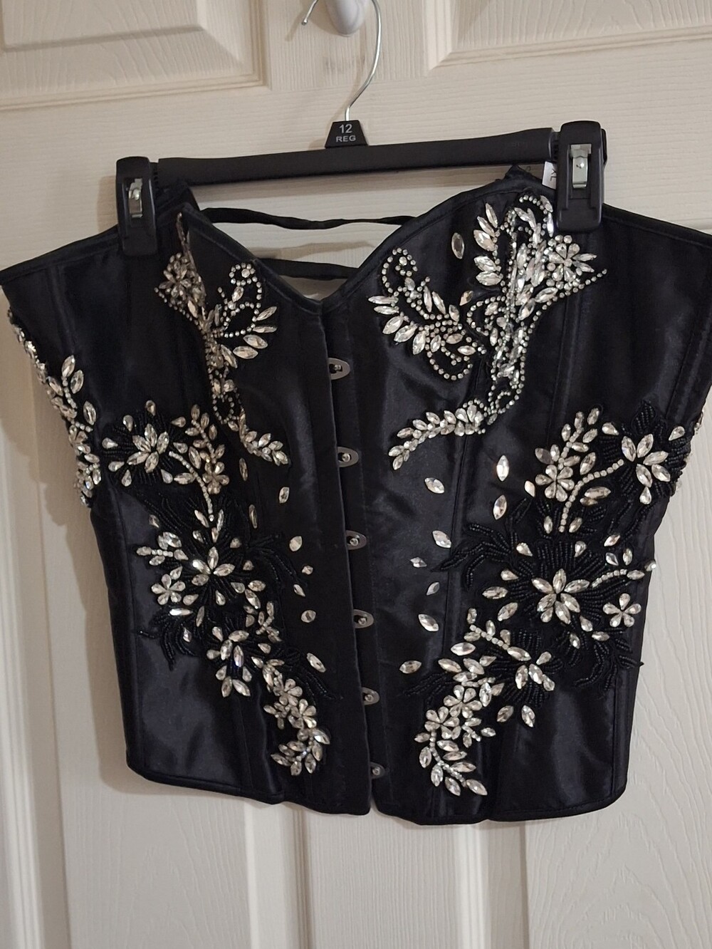 Embellished Black Corset Top with Crystal Floral Appliqué